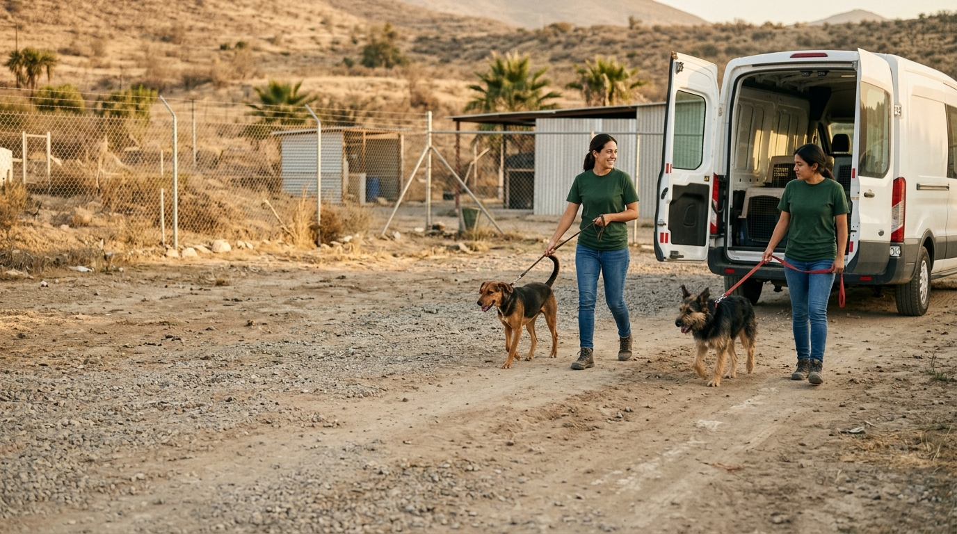 Voluntarios caminan con dos perros hacia una camioneta con las puertas abiertas